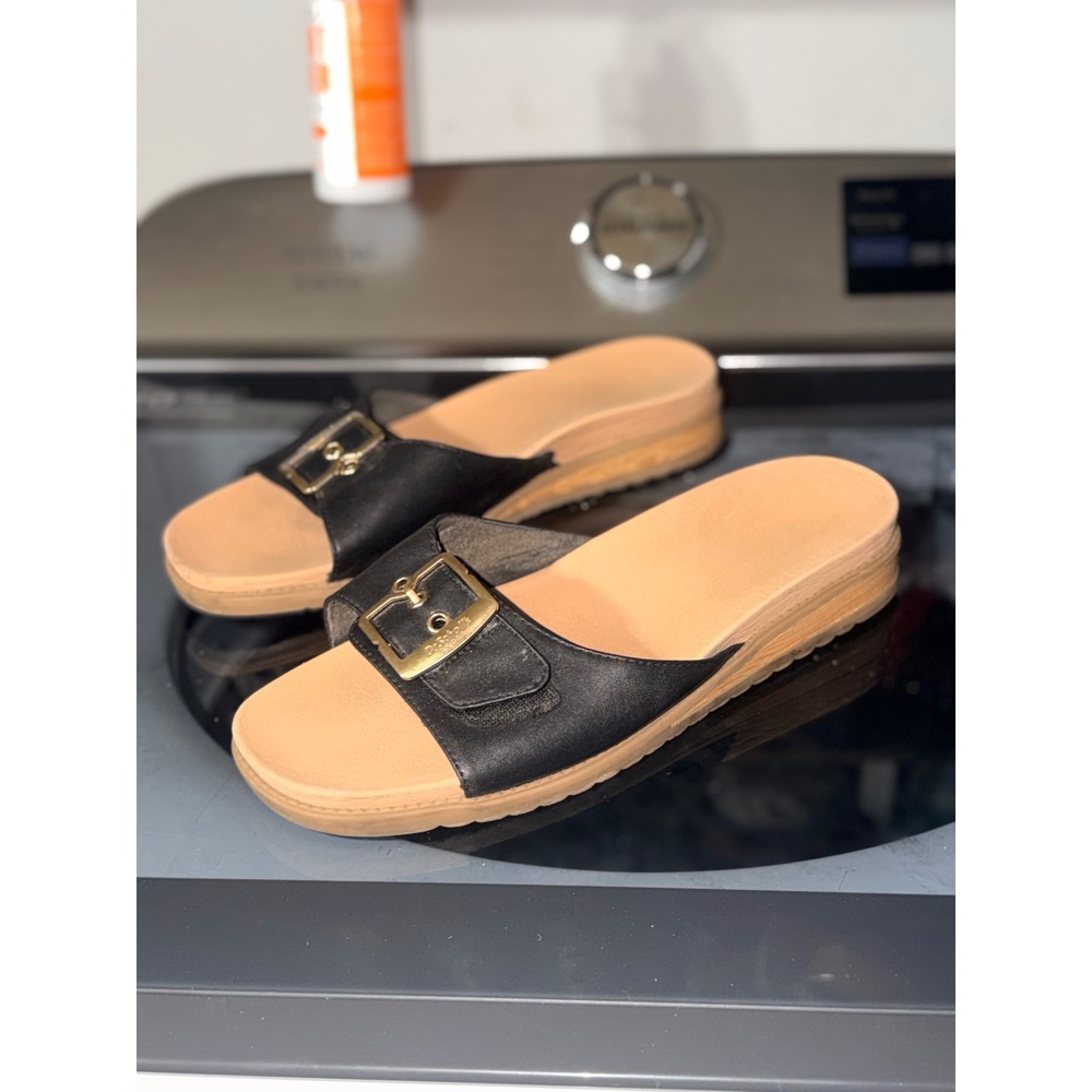 Dr. Scholls Slide Sandals Women 11 Black Good Leather Gold Buckle Platform